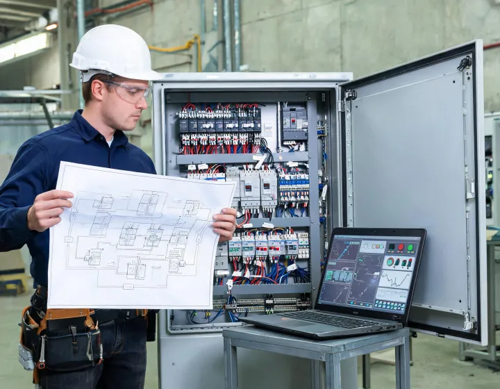 controls engineer reviewing PLC drawings
